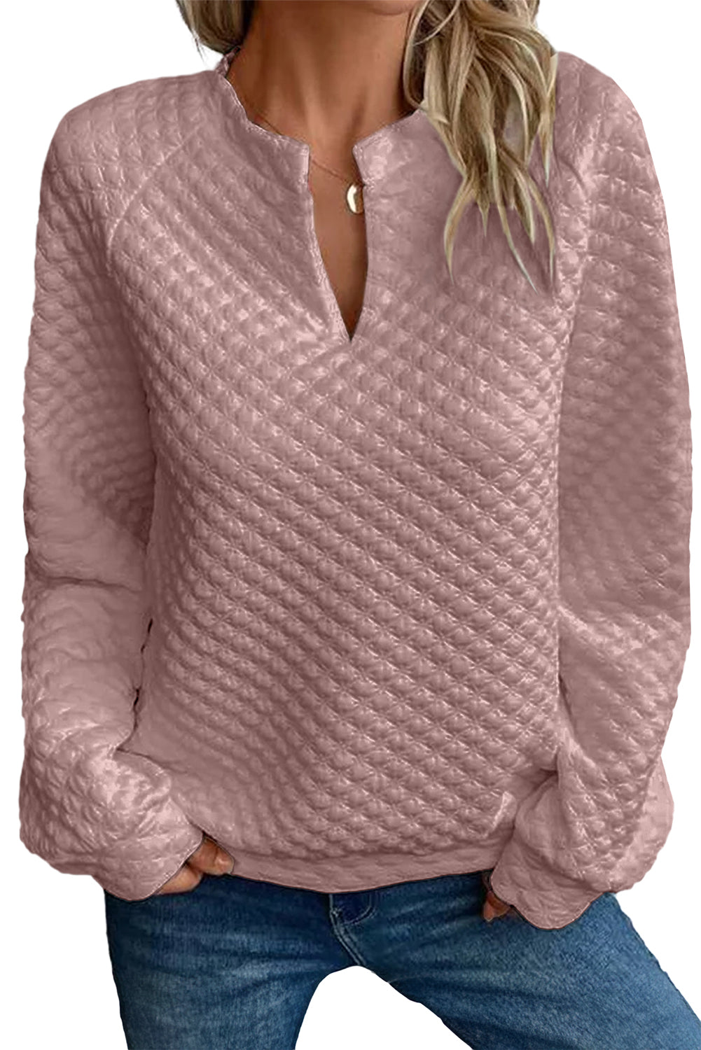 Light Pink Split Neck Quilted Long Sleeve Top