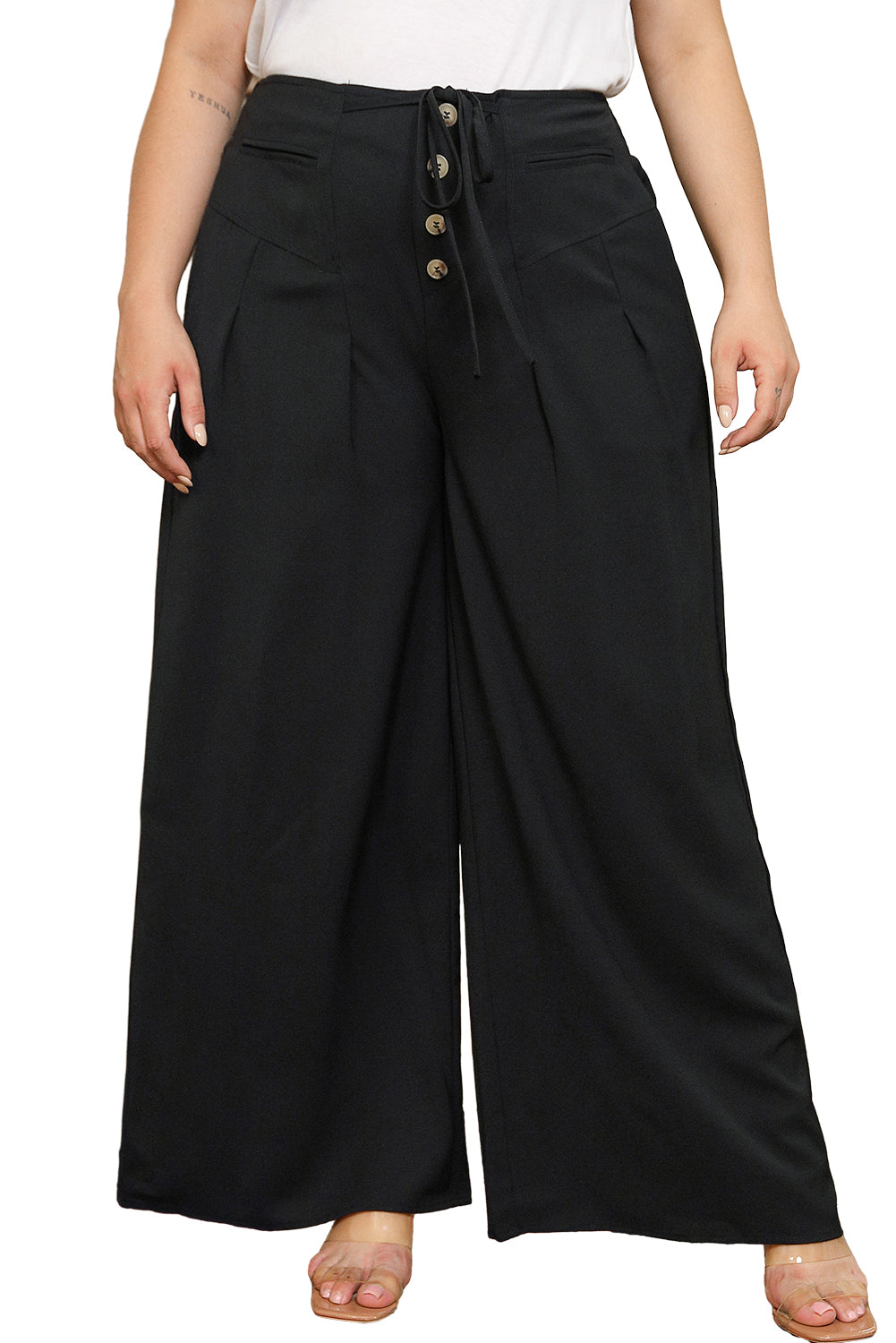 Pantalon noir boutonné à lacets et taille large, grande taille