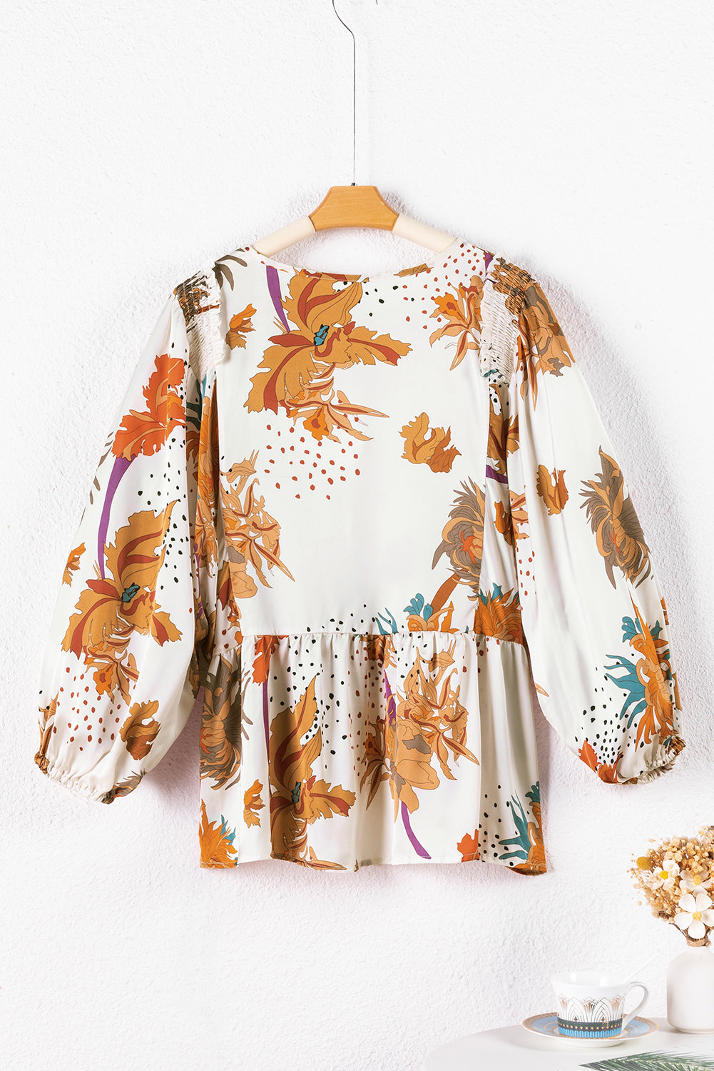 Večbarvna bluza Babydoll z V izrezom s cvetličnim potiskom