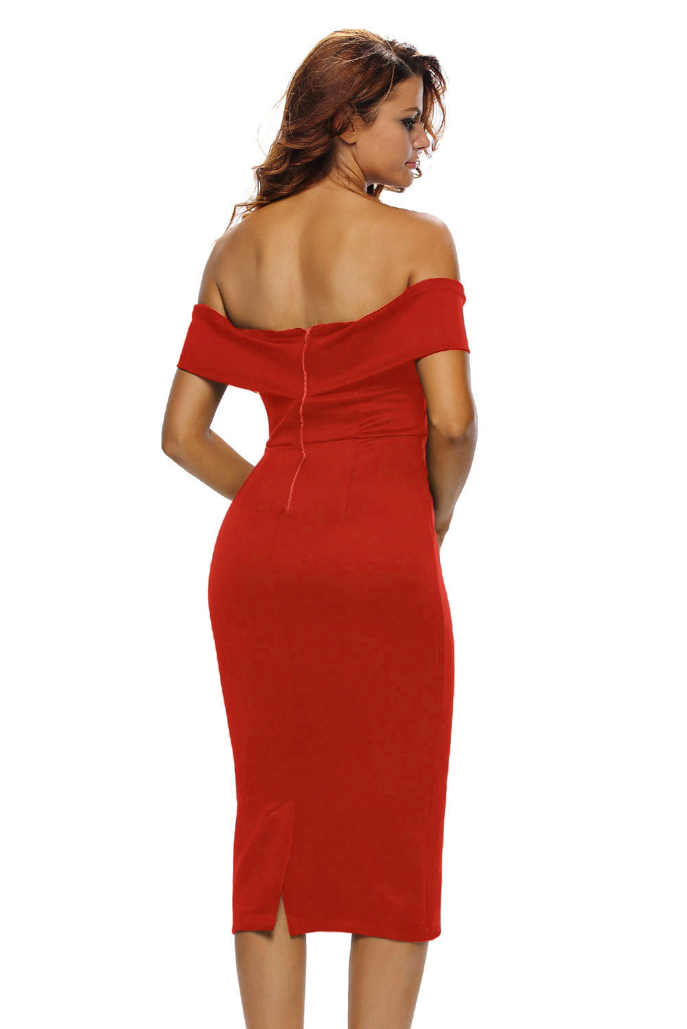 Vatreno crvena midi haljina s otvorenim ramenima