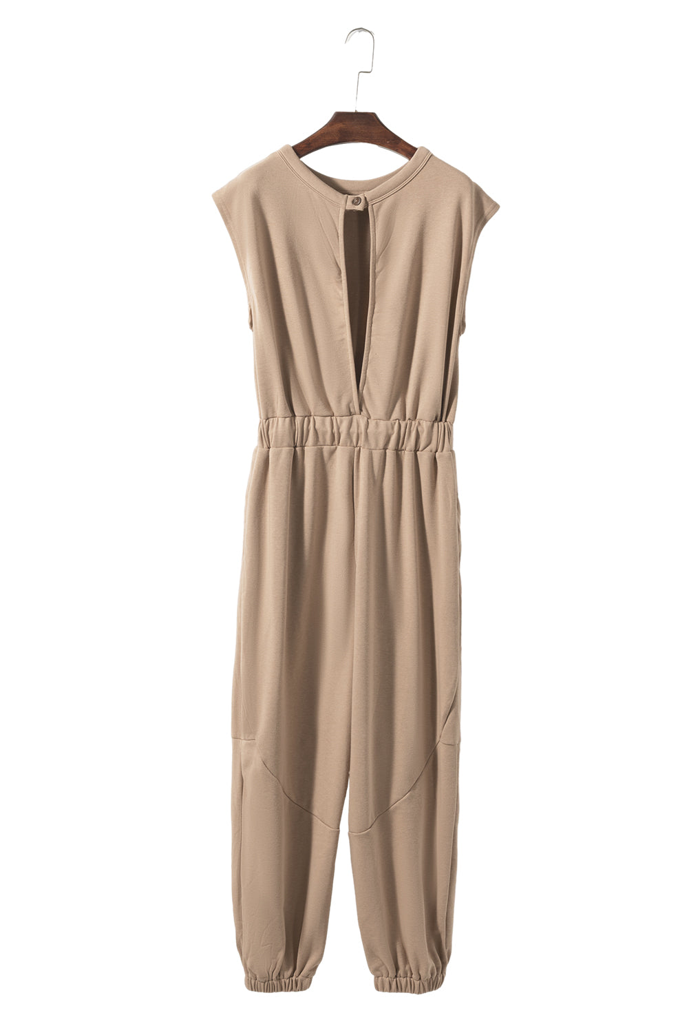 Leichter französischer Beige-Jogger-Jumpsuit mit Flügelärmeln, offenem Rücken und Kordelzug