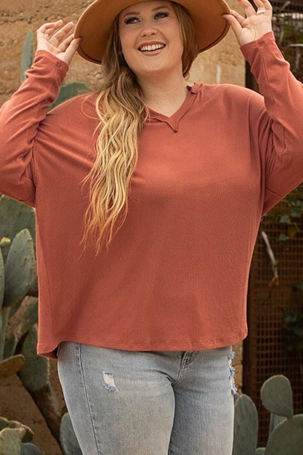 Gold Flame Plus Size Exposed Seam V Neck Long Sleeve Top