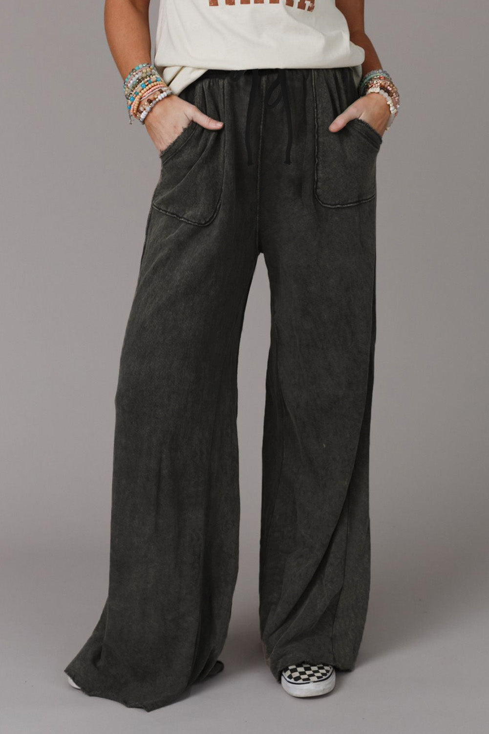 Pantalon large rétro gris délavé à cordon de serrage