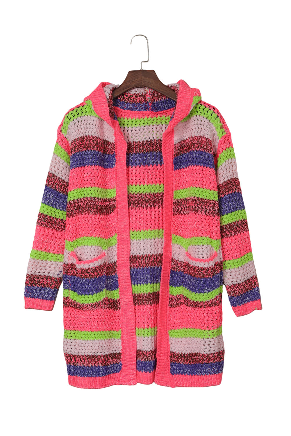 Cardigan tricoté à capuche ouvert sur le devant à rayures roses