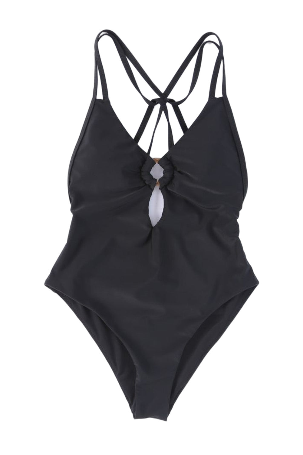Schwarzer, ausgehöhlter Riemchen-Badeanzug mit O-Ring-Dekor