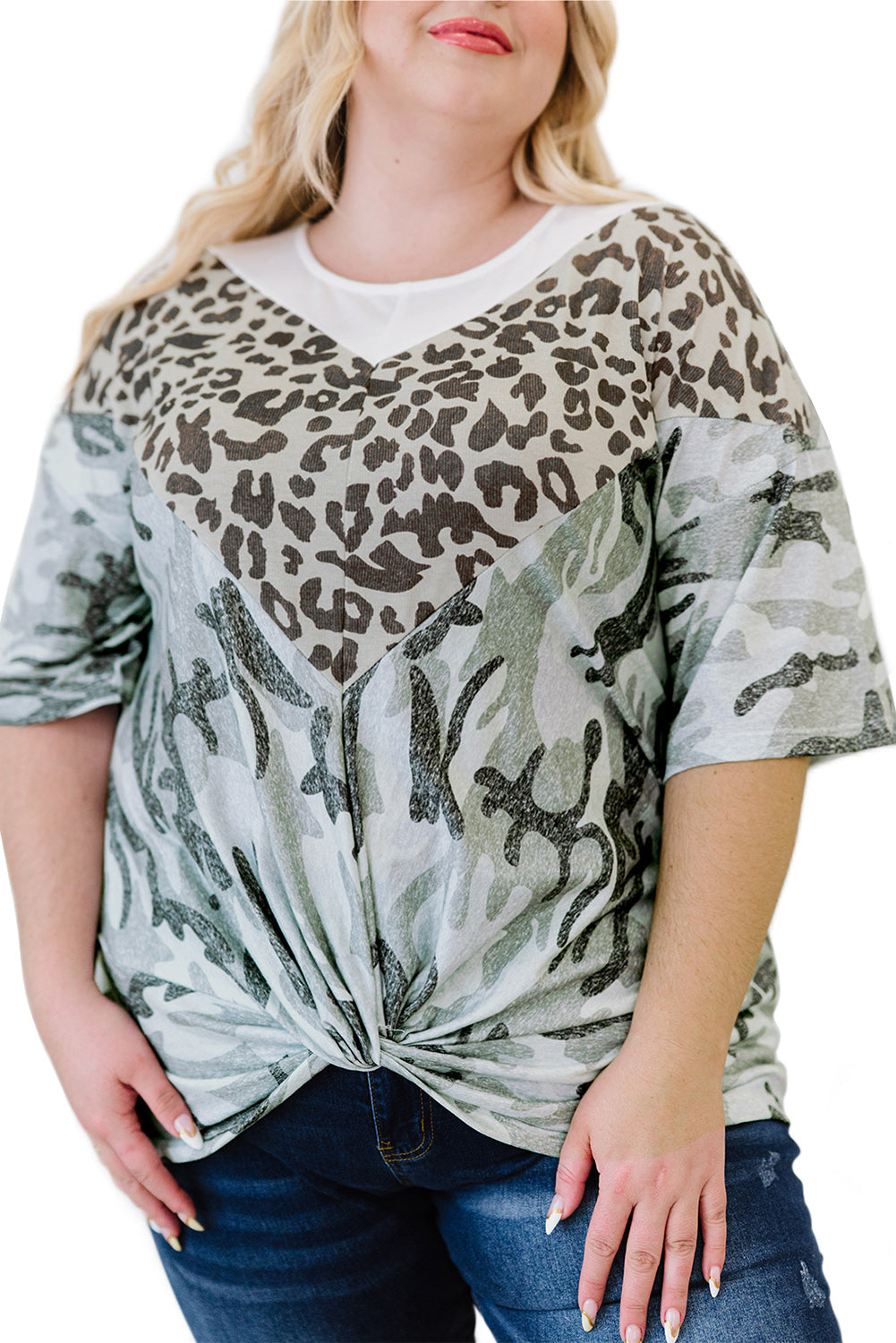 Leopard Plus Size Leopard Camo Splicing Twist Knot T-Shirt mit halben Ärmeln