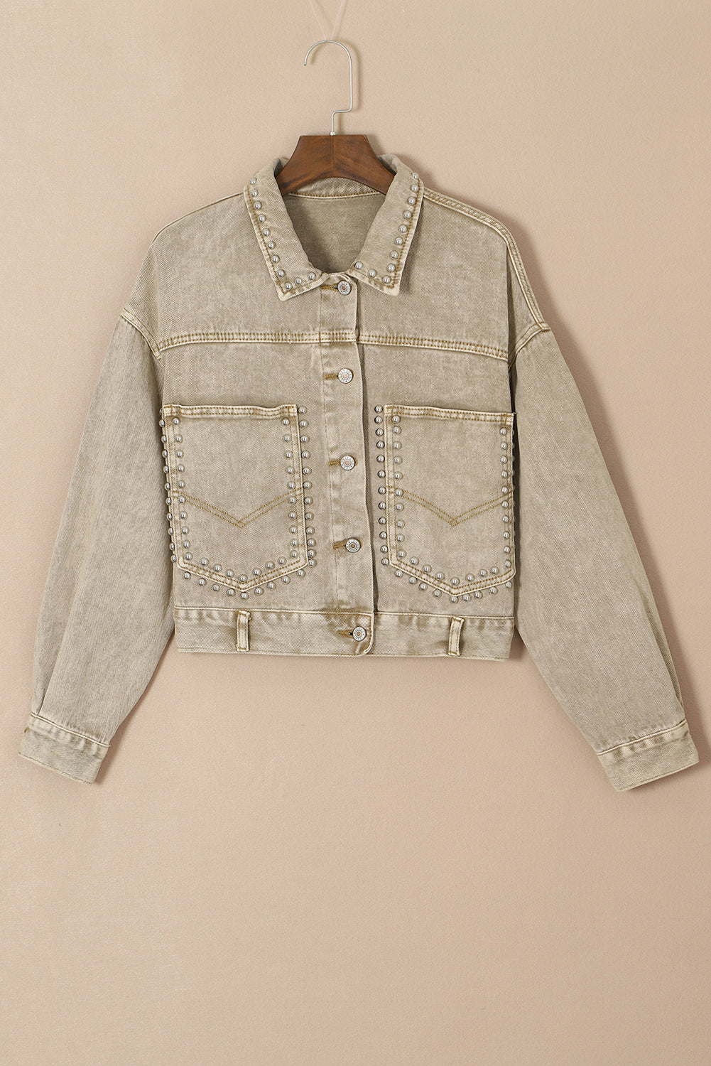 Light French Beige Rivet Studded Pocketed Denim Jacket