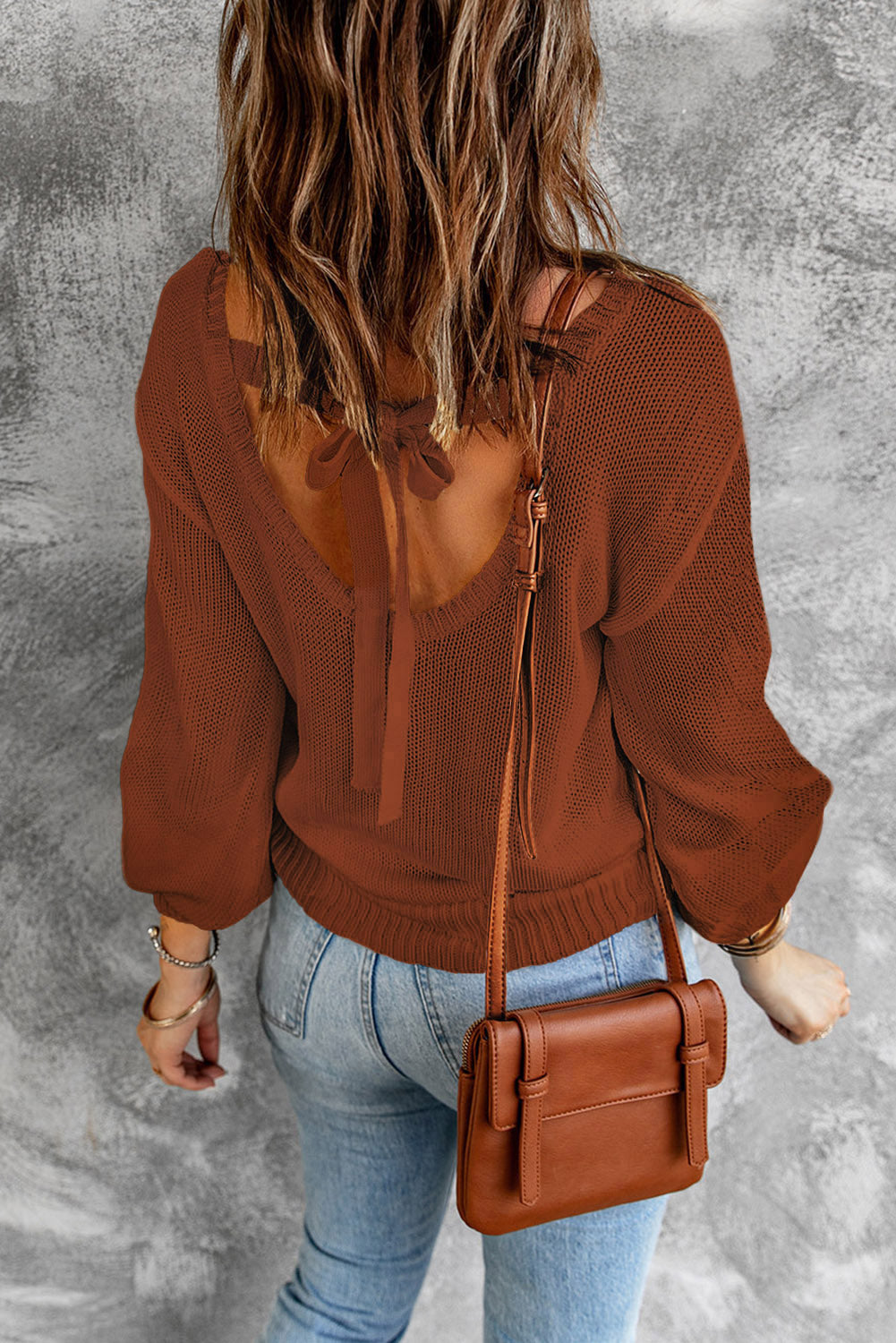 Orange Drop Shoulder Back Cut-out Sweater with Tie