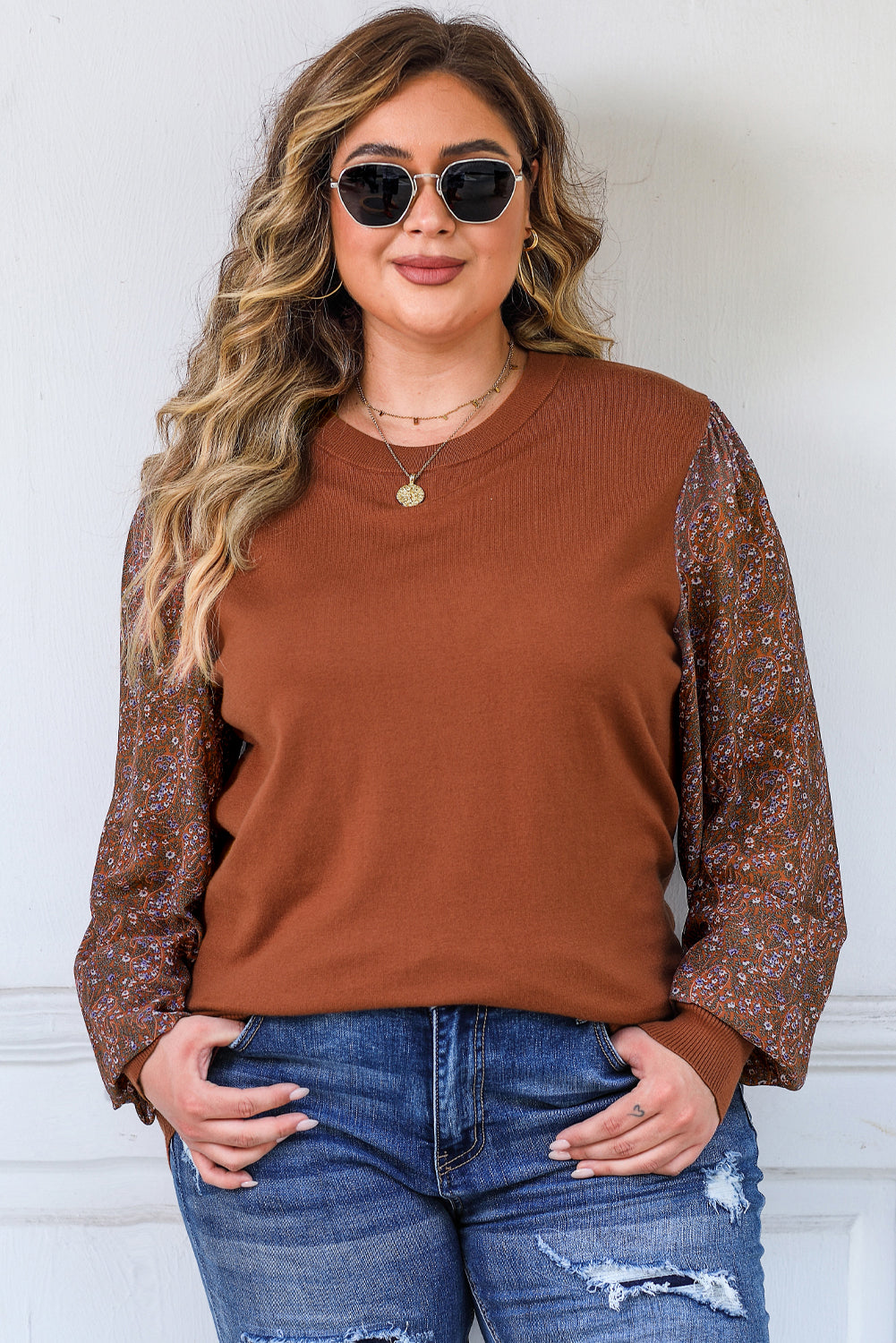 Brown Plus Size Printed Splicing Sleeve Ribbed Trim Sweater