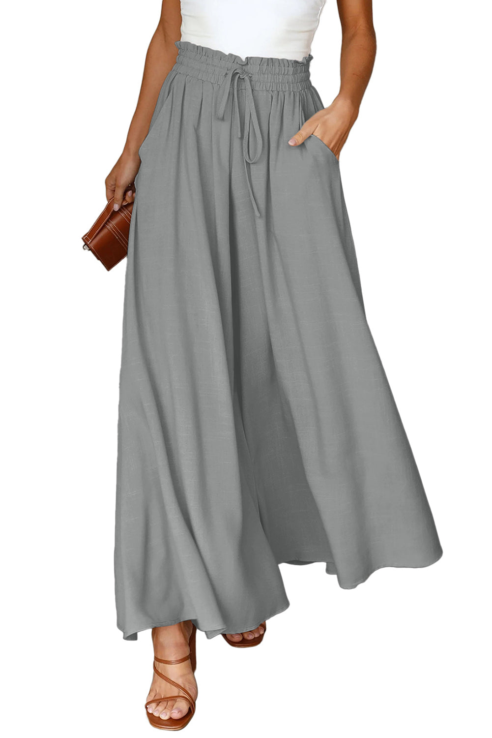 Pantalon large smocké taille haute gris à cordon de serrage