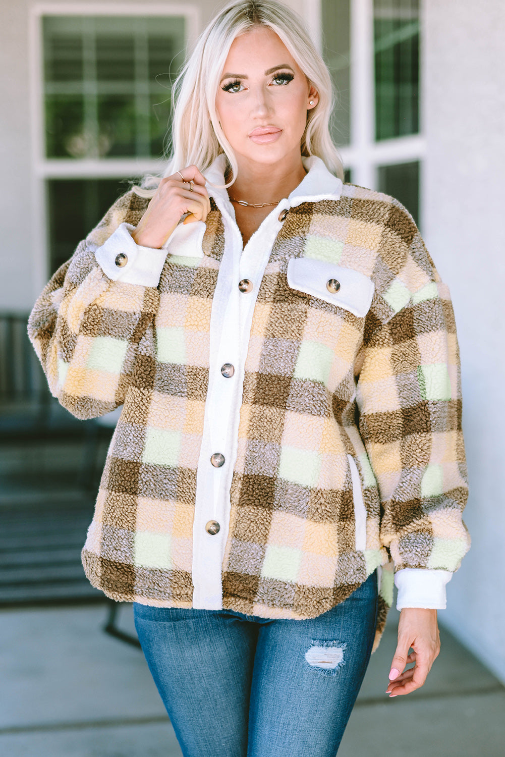 Khaki Plaid Sherpa Flap Pocket Shacket