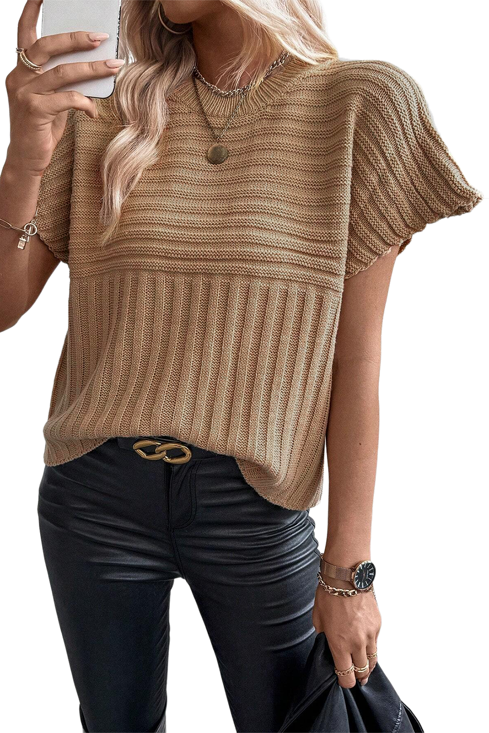 Light French Beige Rib Knitted Wide Sleeve Sweater T Shirt