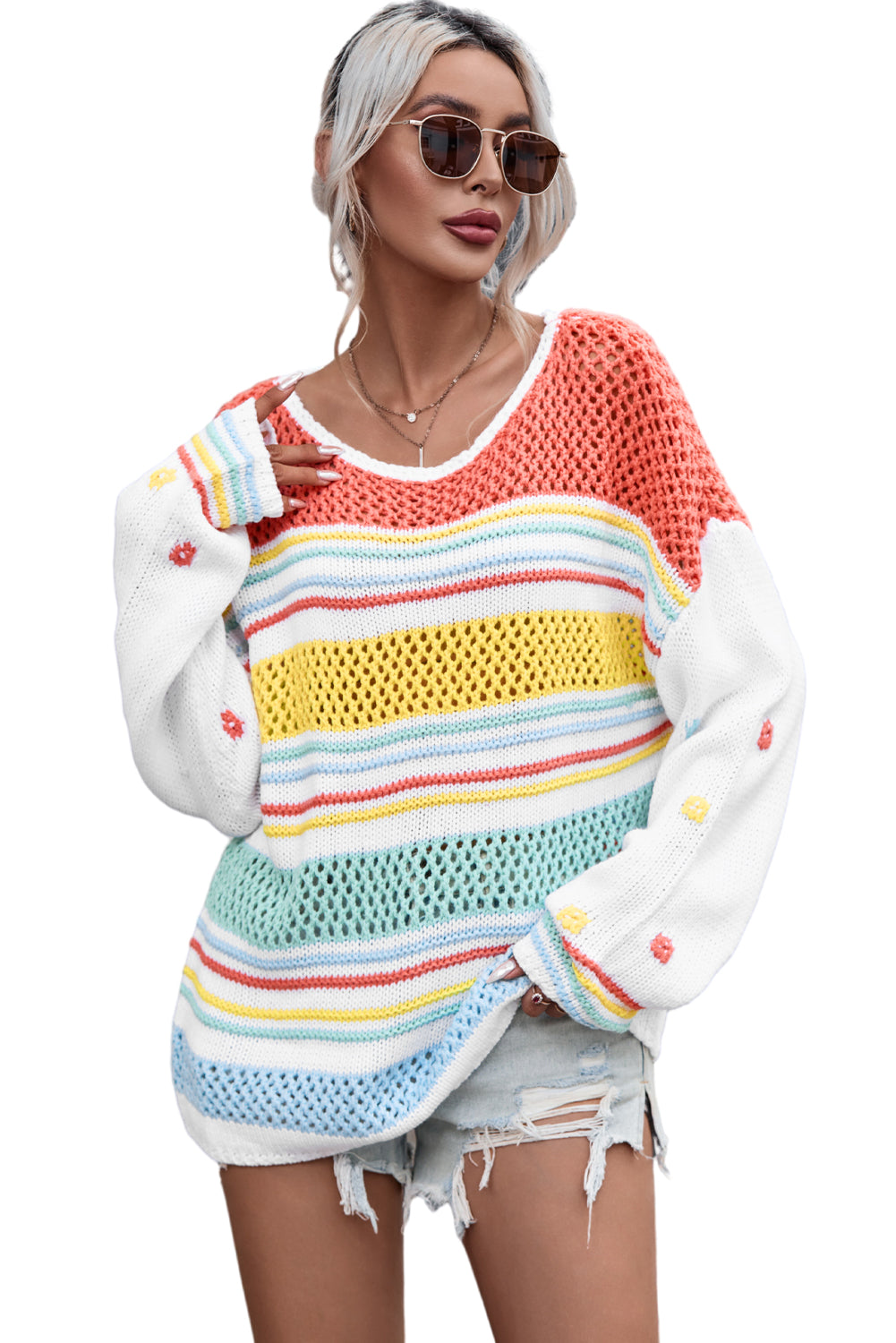 Multicolor Hollow Striped Knit Contrast Sleeve Sweater