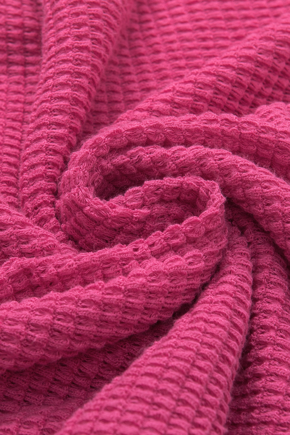 Strawberry Pink Textured Knit Split Neck Cuffed Short Sleeve Top
