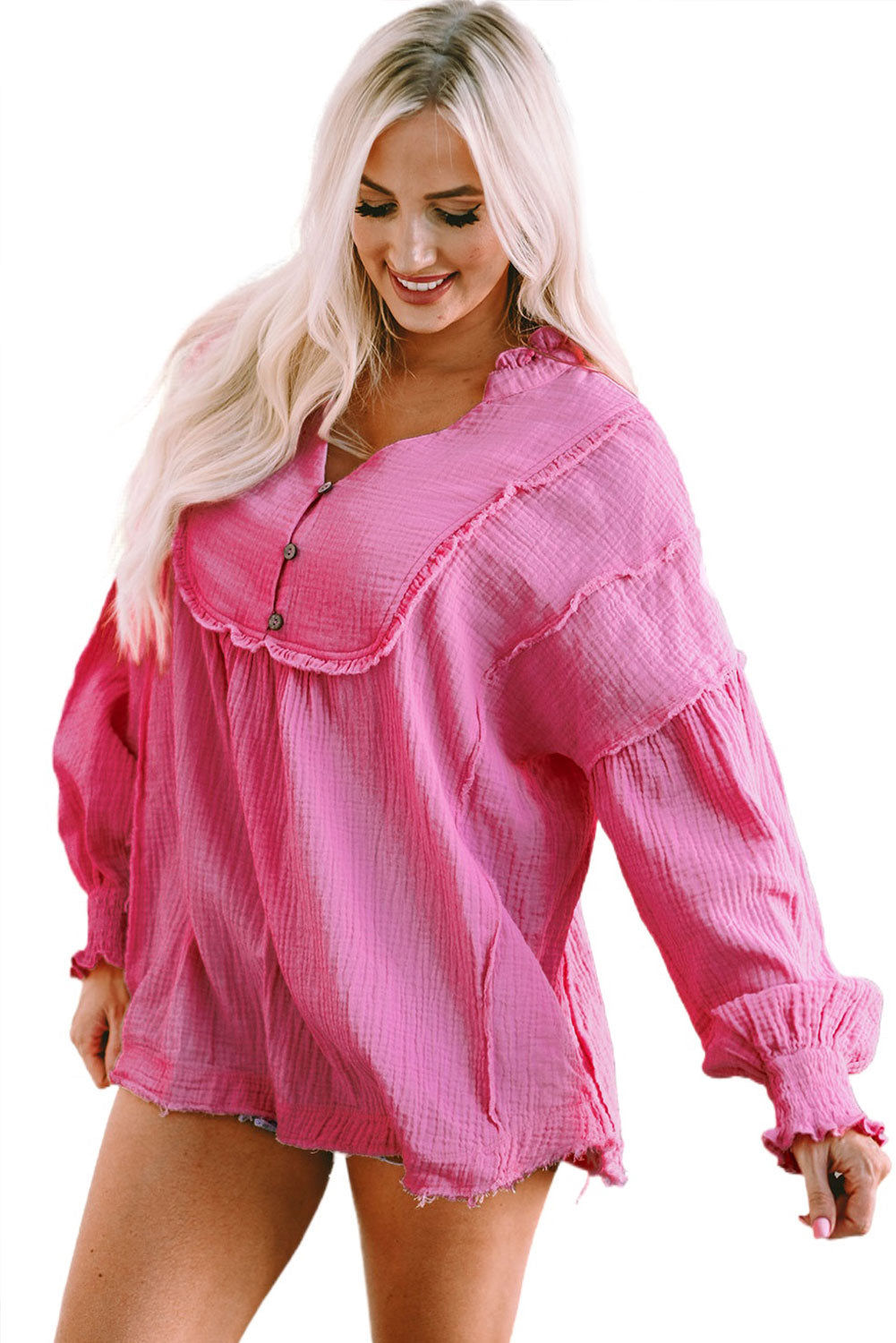 Rožnata retro bluza z naborkanimi šivi in ​​napihnjenimi rokavi