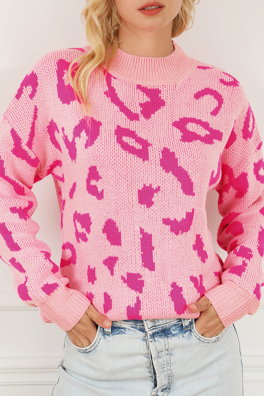 Bonbon Leopard Pattern Mock Neck Ribbed Trim Sweater