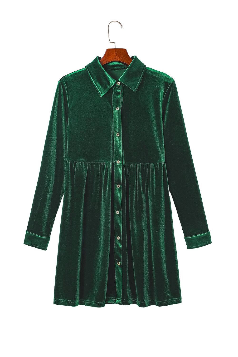 Grünes, langärmliges, geknöpftes Kleid aus Samt mit Rüschen