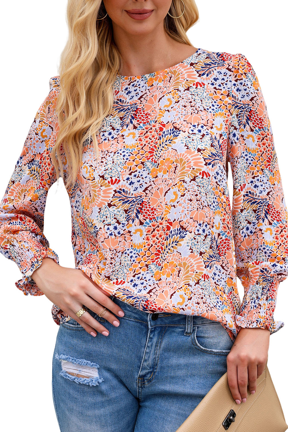 Sky Blue Puff Sleeve Floral Blouse