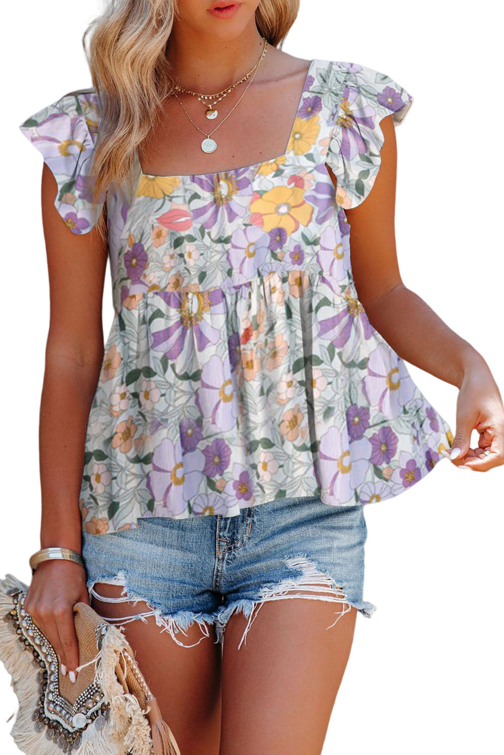 Ljubičasta lepršava majica s lepršavim cvjetnim printom u više boja