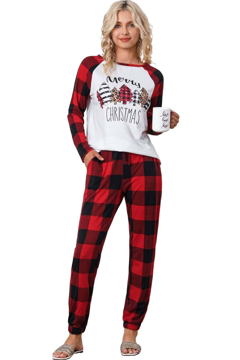 Fiery Red Plaid Merry Christmas Graphic Loungewear Set