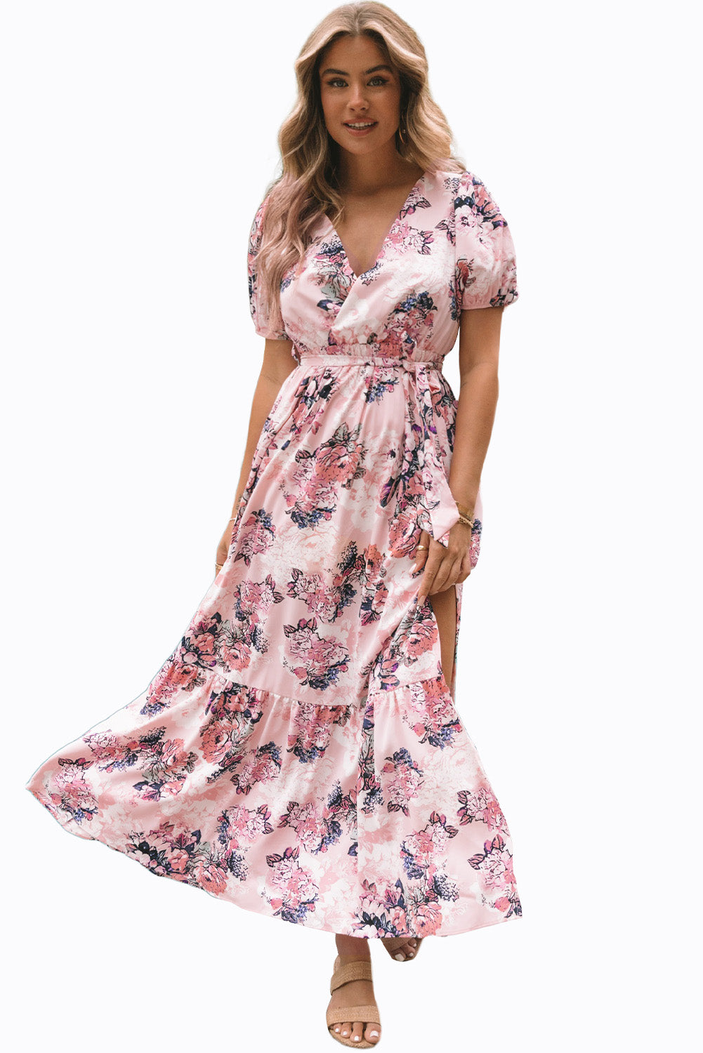 Ružičasta maksi haljina s puf rukavima i visokim strukom s cvjetnim motivima