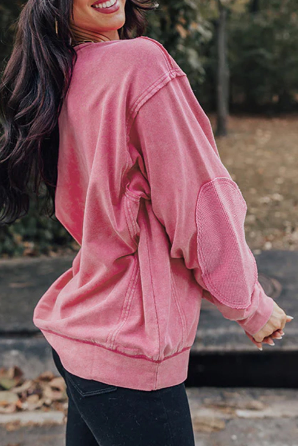 Rosafarbenes Patchwork-Sweatshirt mit freiliegender Naht und Waffelmuster
