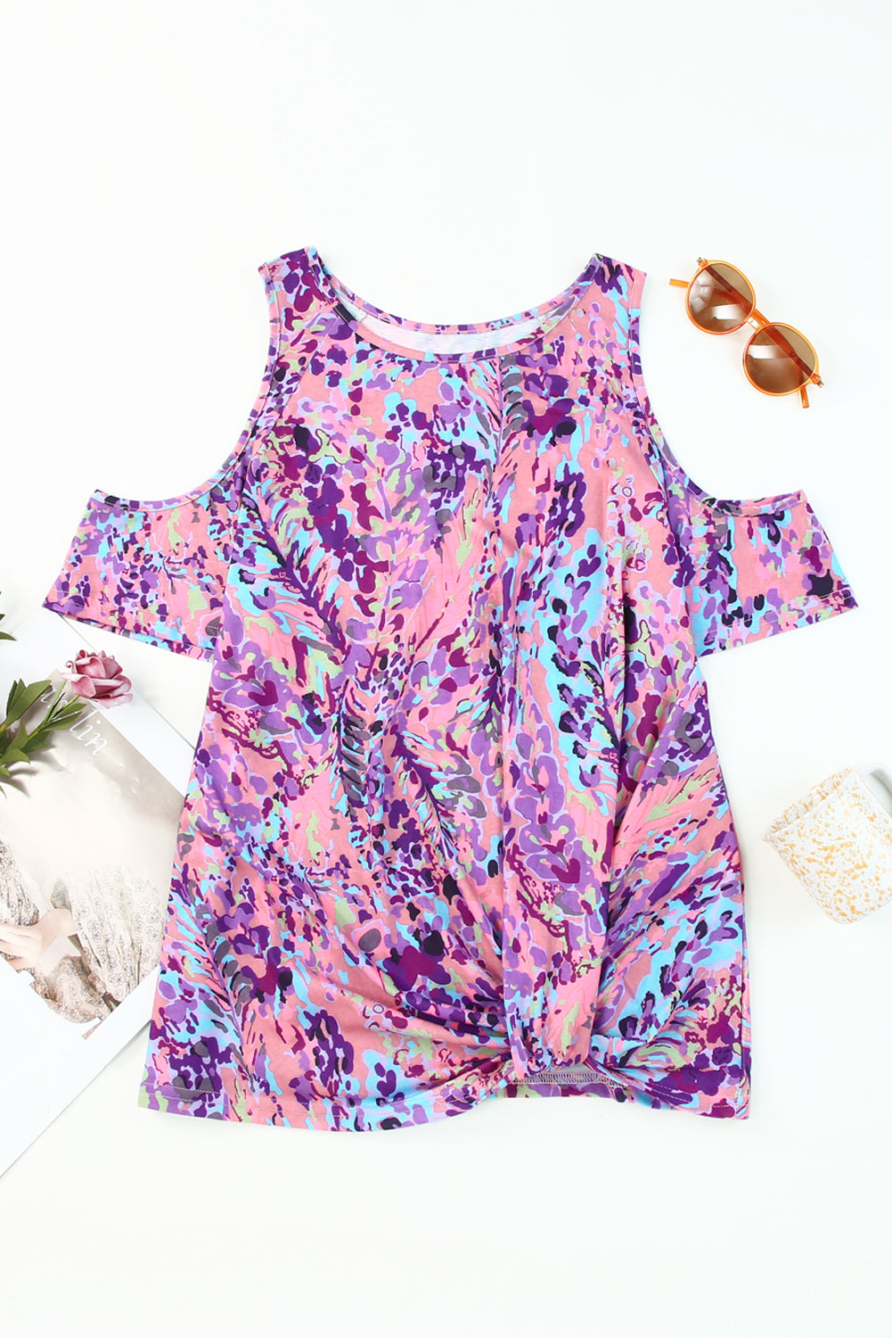 Mehrfarbige, schulterfreie Bluse mit lavendelfarbenem Blumenmuster