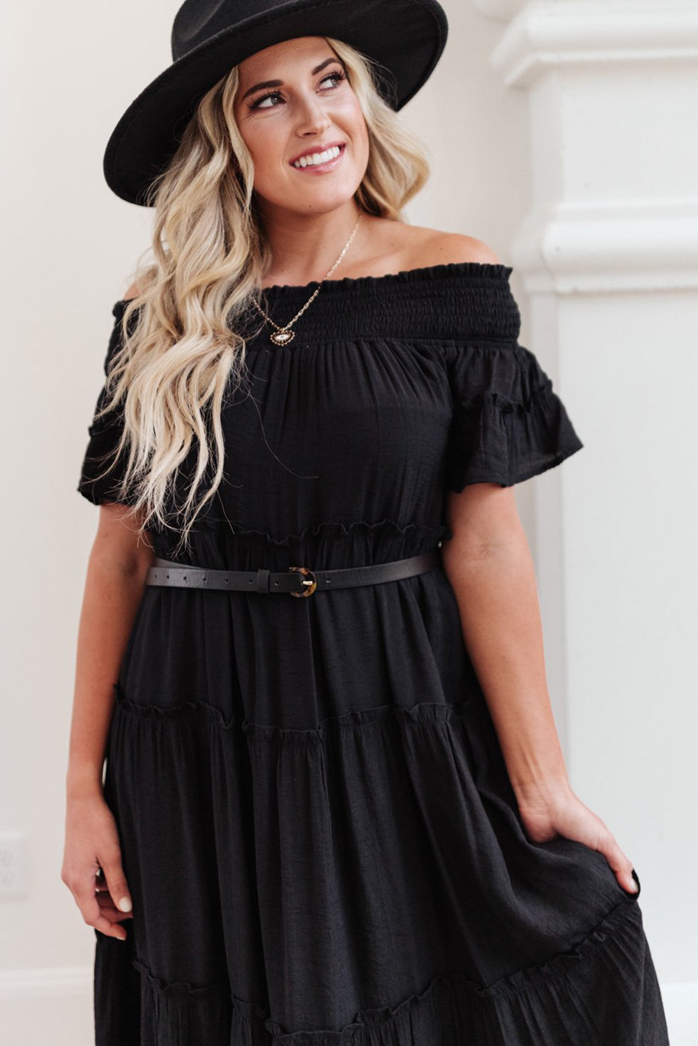 Black Plus Size Smocked Off Shoulder Frill Tiered Maxi Dress