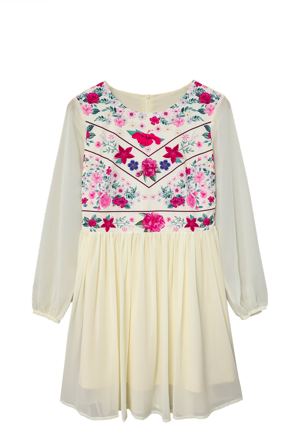 Weißes, fließendes Kleid mit floralem Netzstoff und Futter