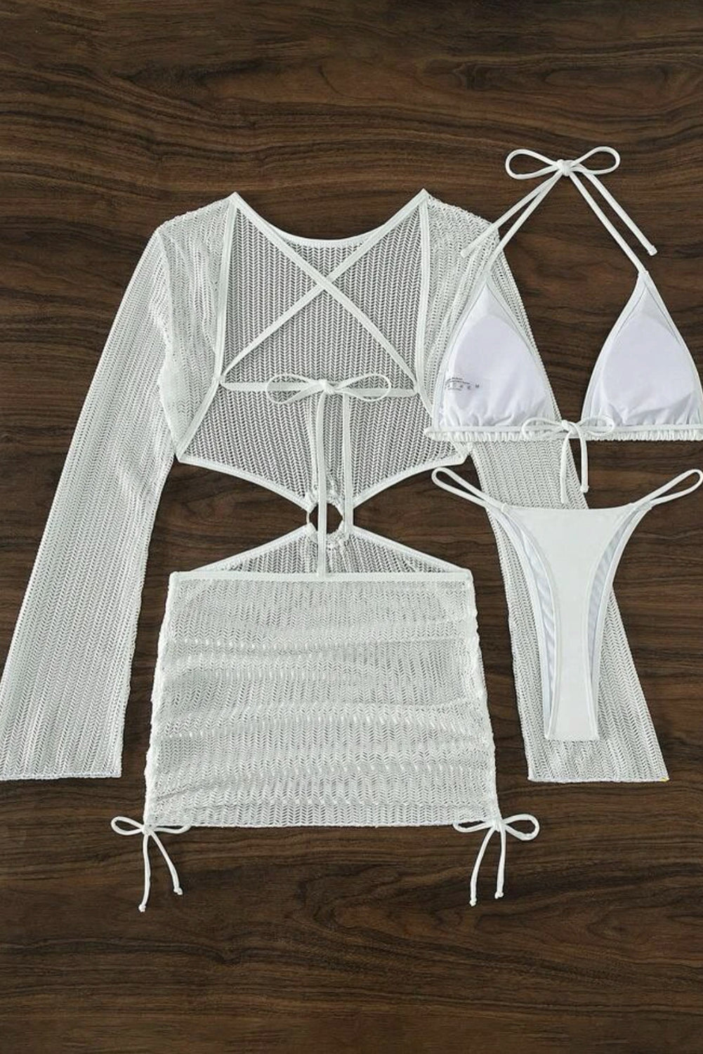 Micro bikini bianco 3 pezzi con copriabito all'uncinetto senza schienale con O-ring