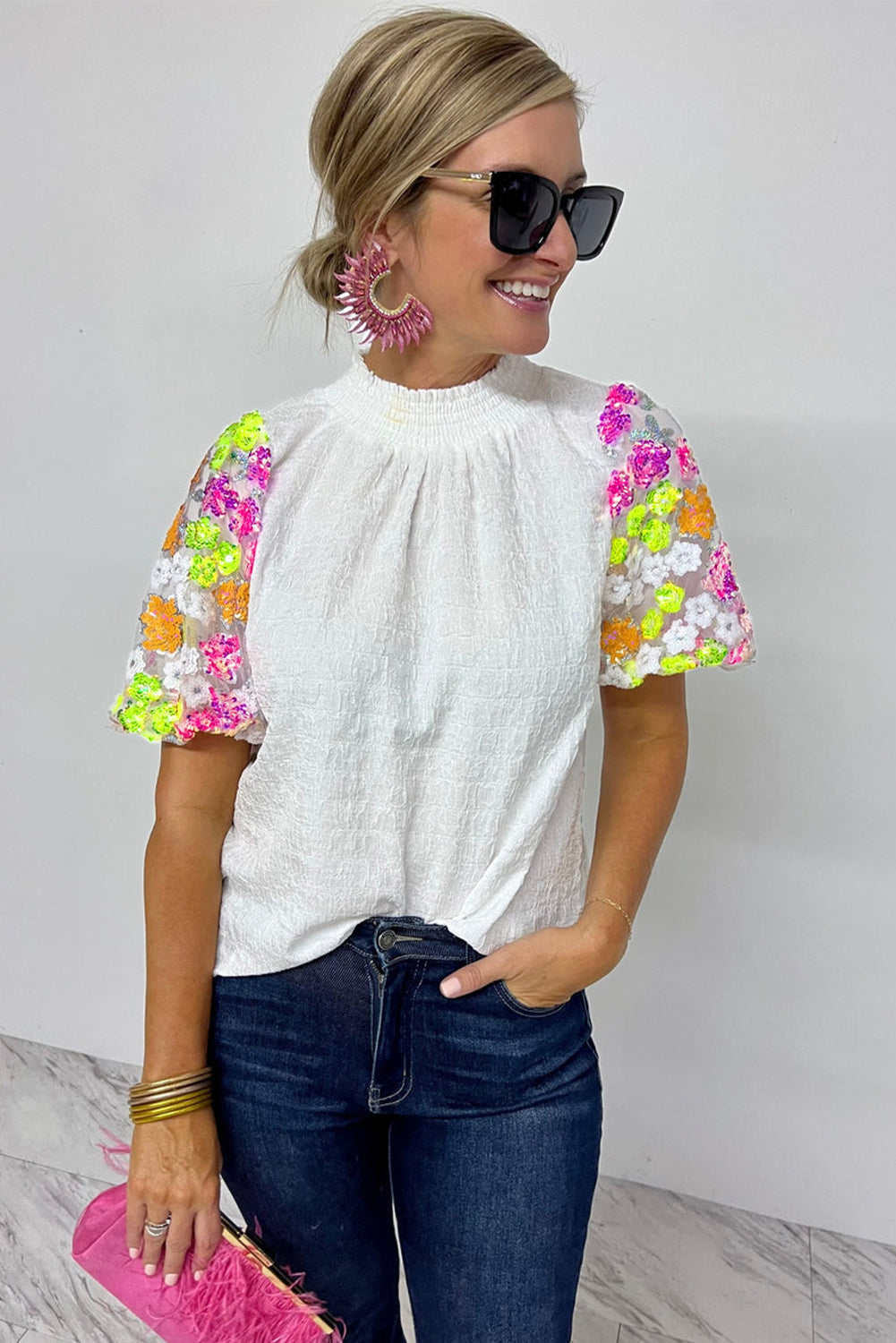 White Smocked Collar Sequin Flower Puff Sleeve Textured Top