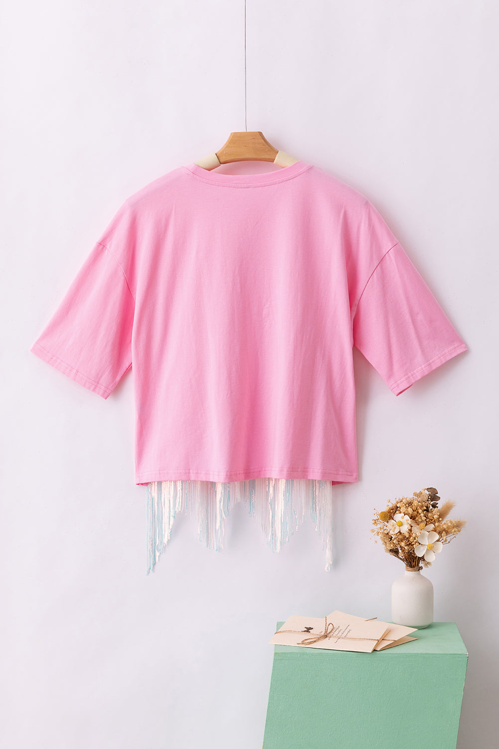 T-shirt corta con paillettes con frange color giada lunare