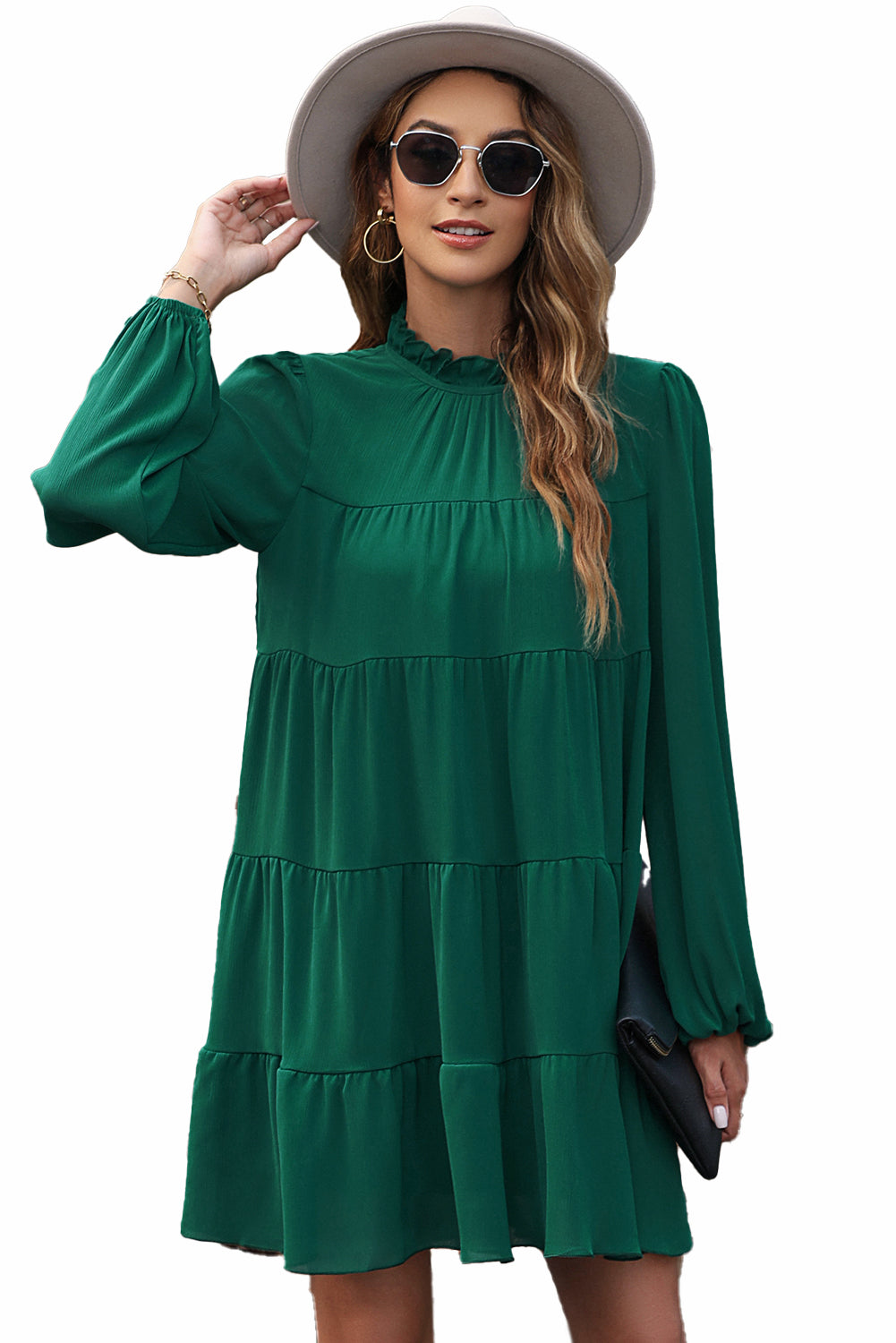 Grünes, gestuftes Kleid mit Puffärmeln, Stehkragen und Knoten am Rücken