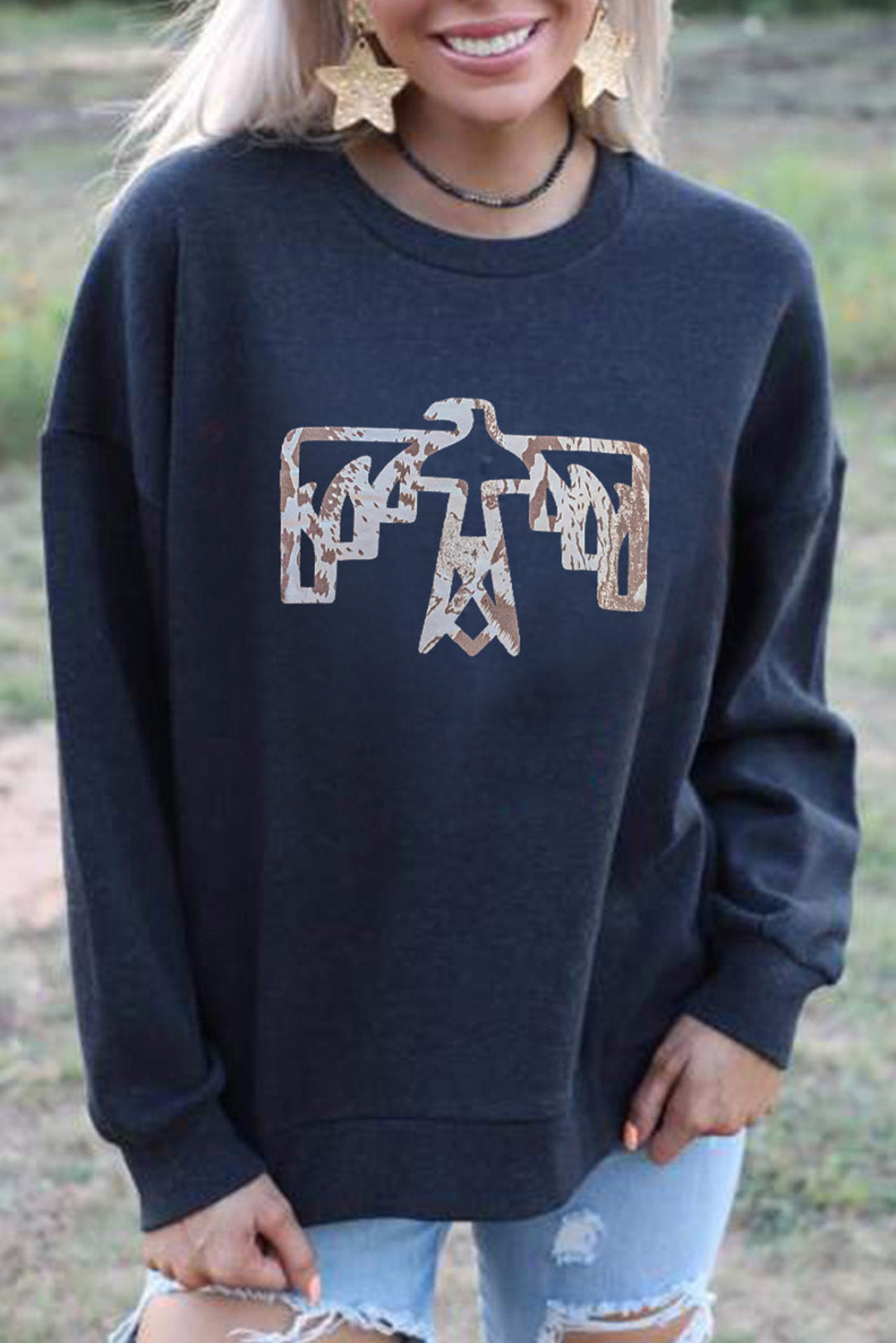 Sweatshirt mit Vogelform-Print, O-Ausschnitt und tief angesetzter Schulter