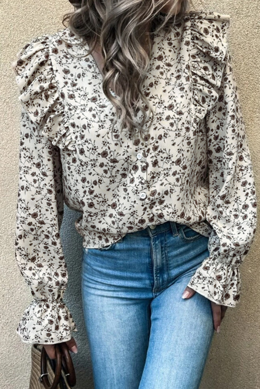 Bluza z naborki z V izrezom s cvetličnim vzorcem