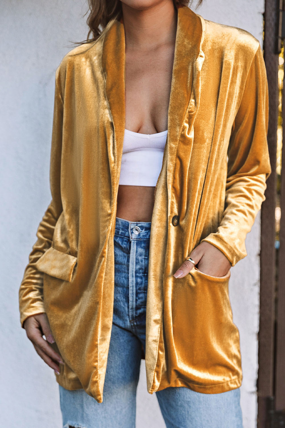 Red Casual Pocketed Velvet Blazer