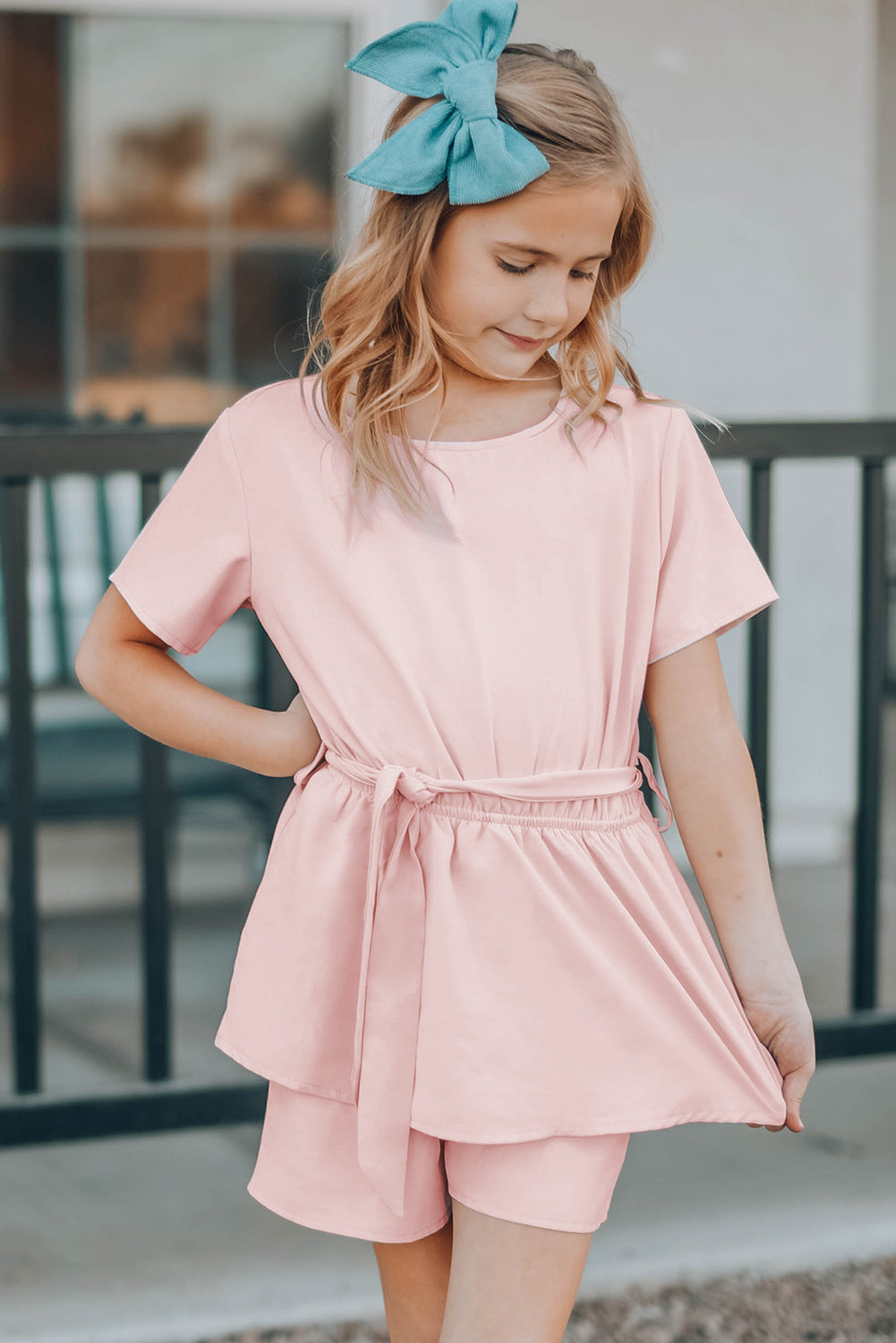 Pink Keyhole Back Belted Peplum Girls Romper