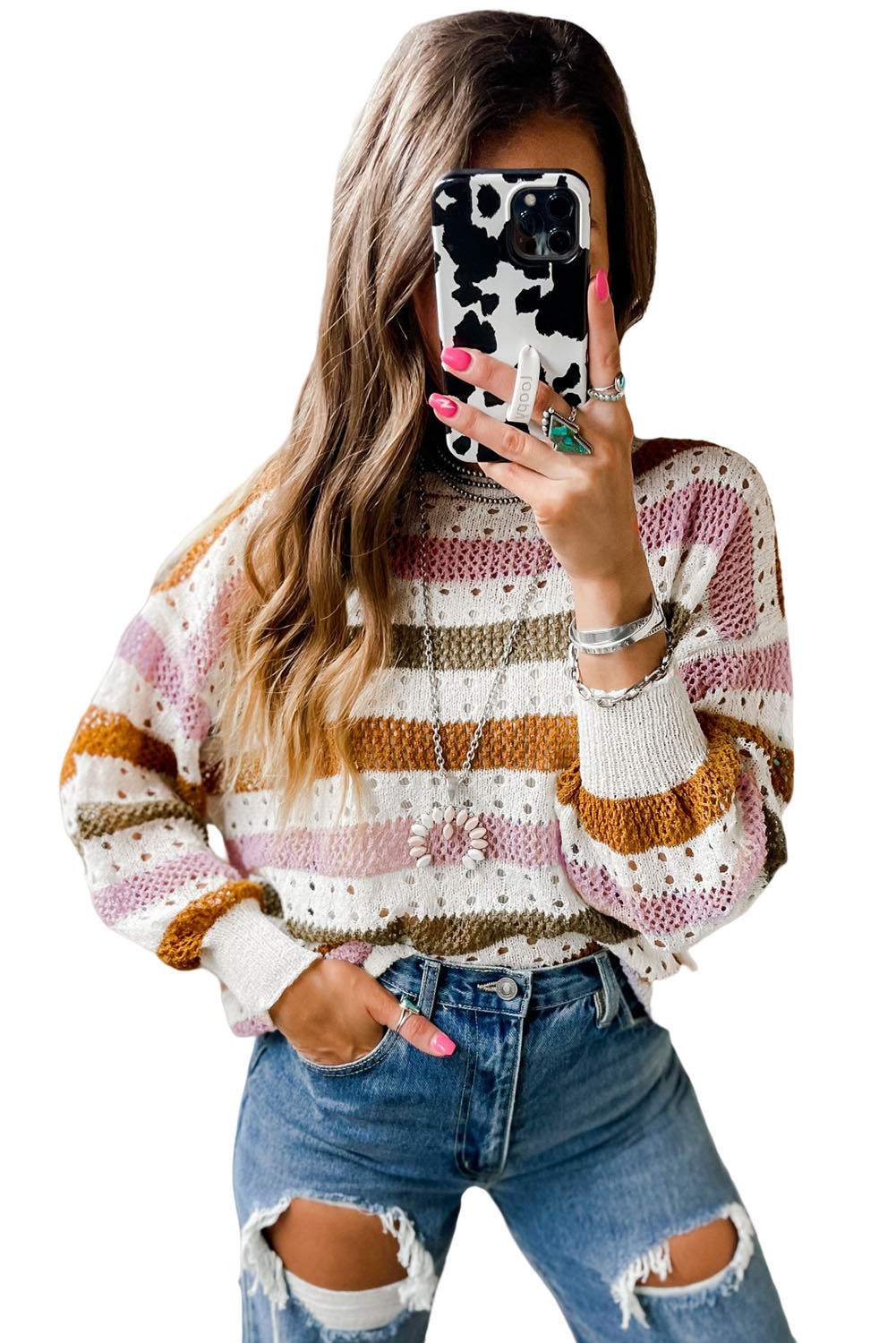 Tanko-rjavi črtasti izdolbeni pleteni ohlapen pulover