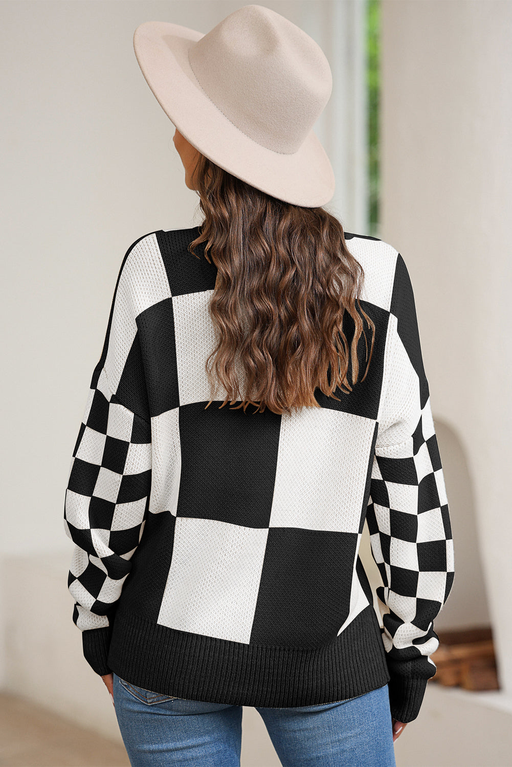 Black Checkered Print Drop Shoulder Sweater