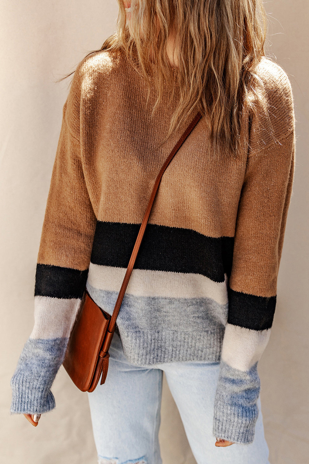 Pull en tricot côtelé à rayures color block marron