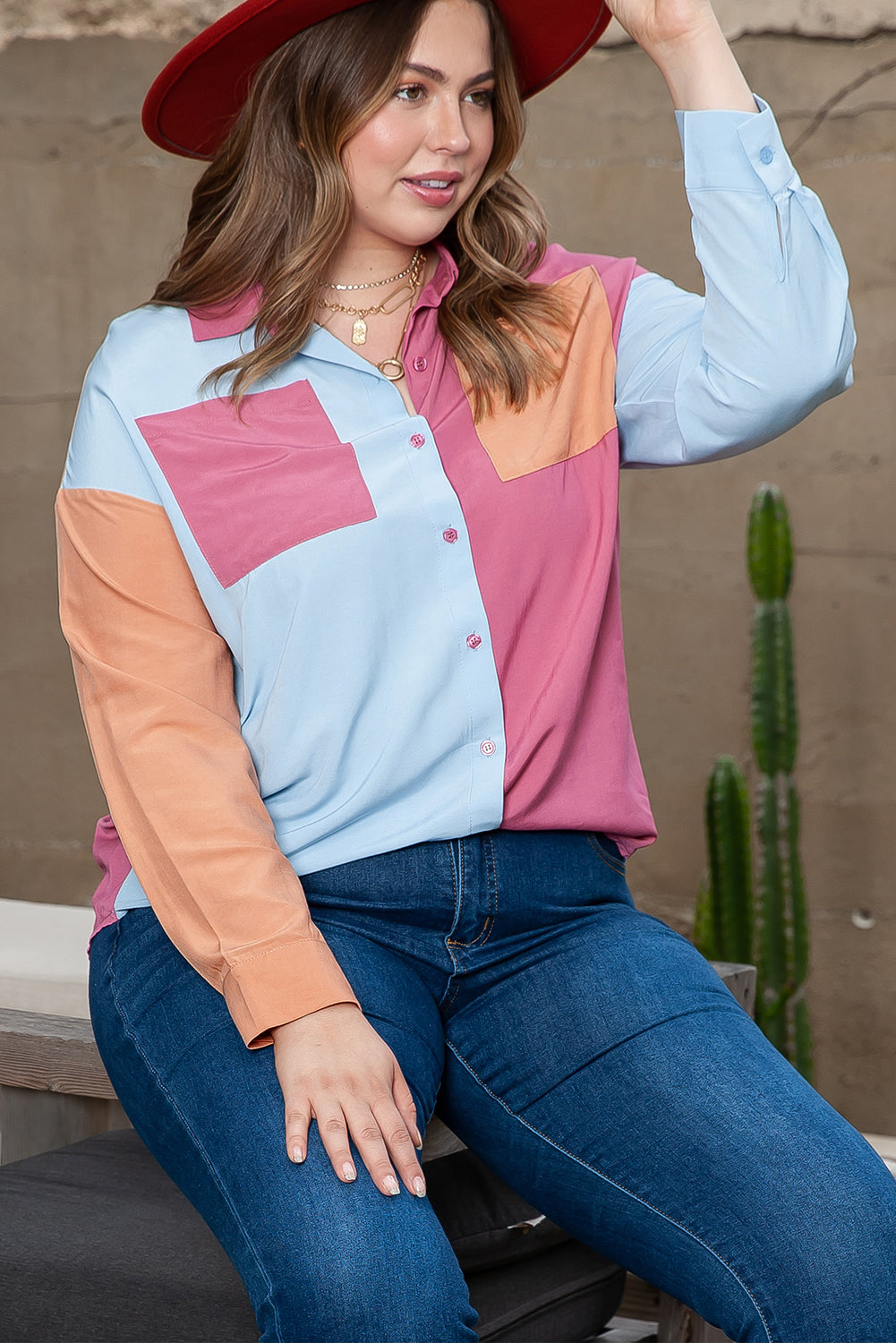 Pink Color Block Chest Pockets Plus Size Shirt