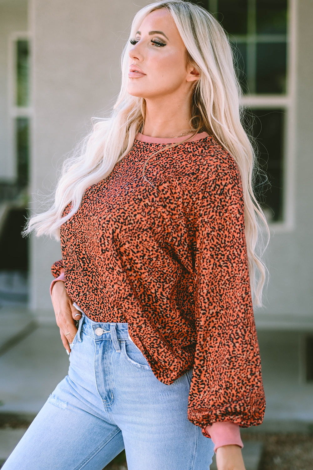 Vintage Pullover-Sweatshirt mit Leoparden-Blasenärmeln
