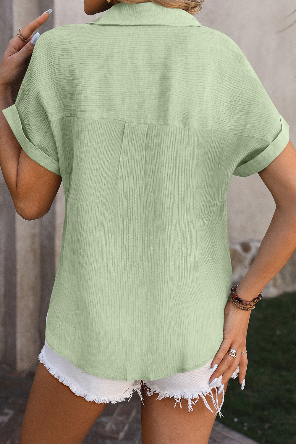 Clearly Aqua Crinkle Textured Cuffed Short Sleeve Shirt