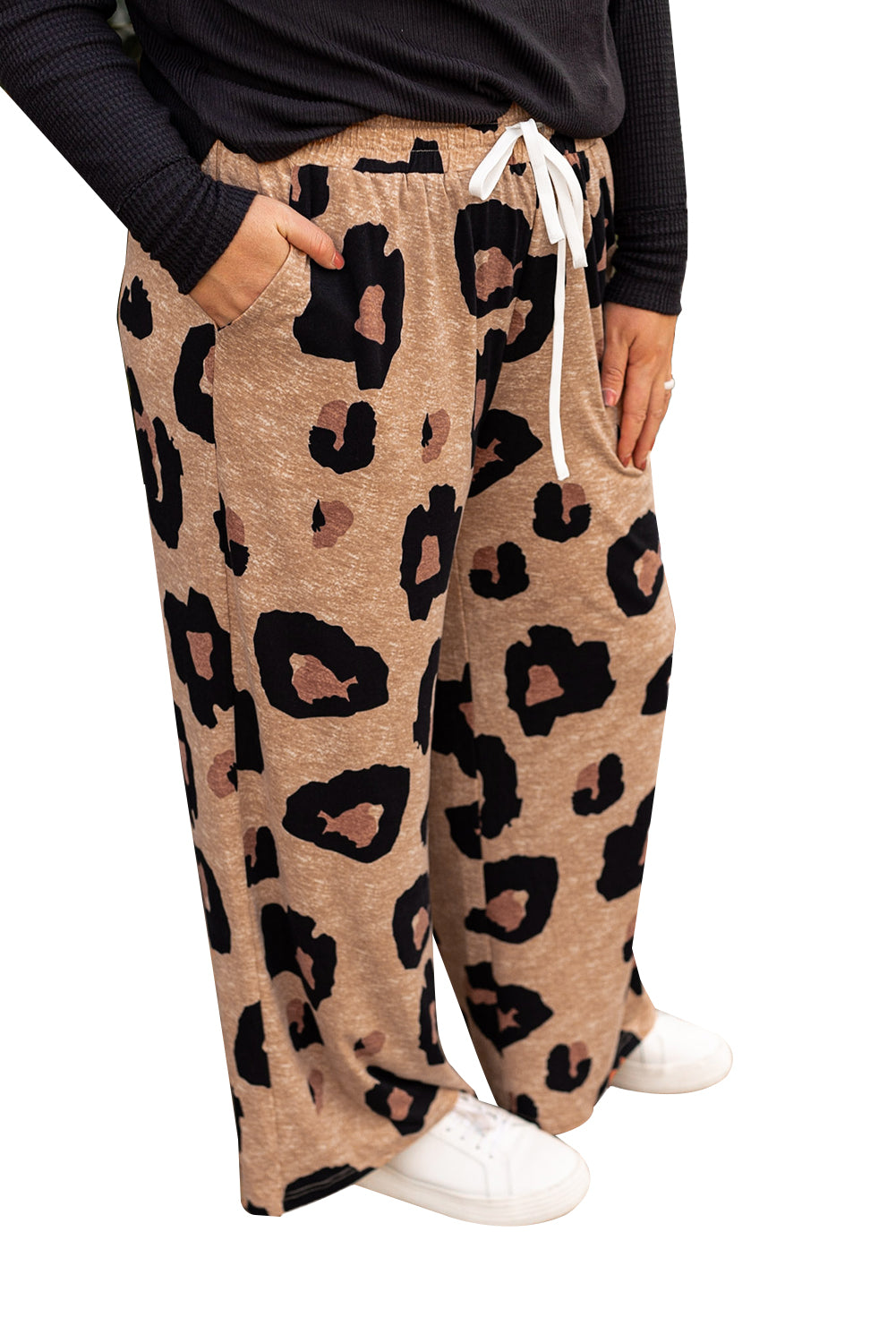 Light French Beige Leopard Print Drawstring Wide Leg Plus Size Lounge Pants