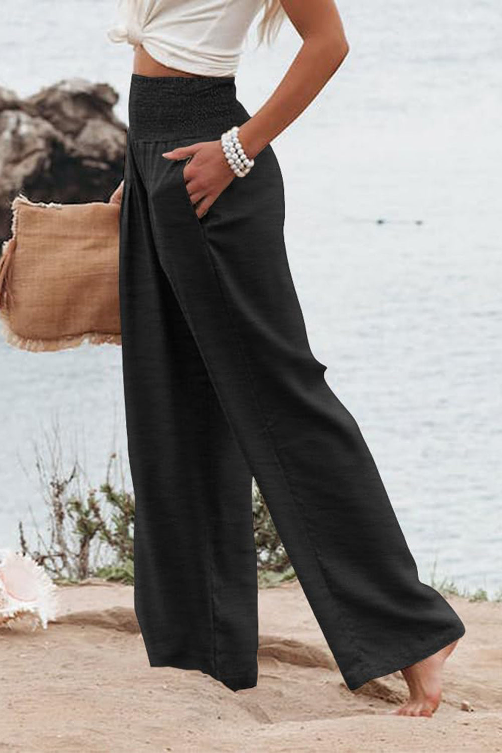 Pantalon large noir froncé taille haute grande taille