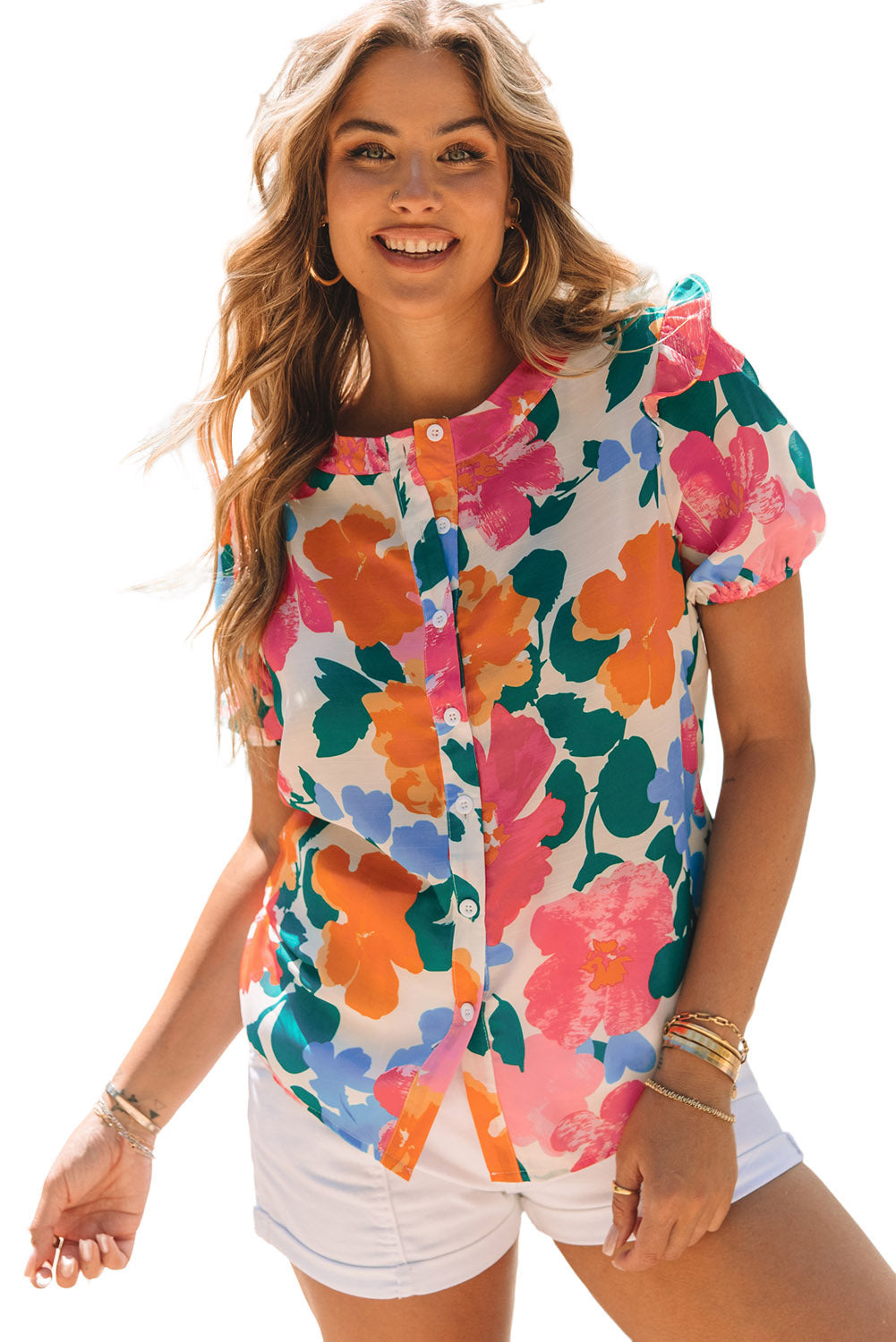 Camicia con maniche a sbuffo con stampa floreale multicolore