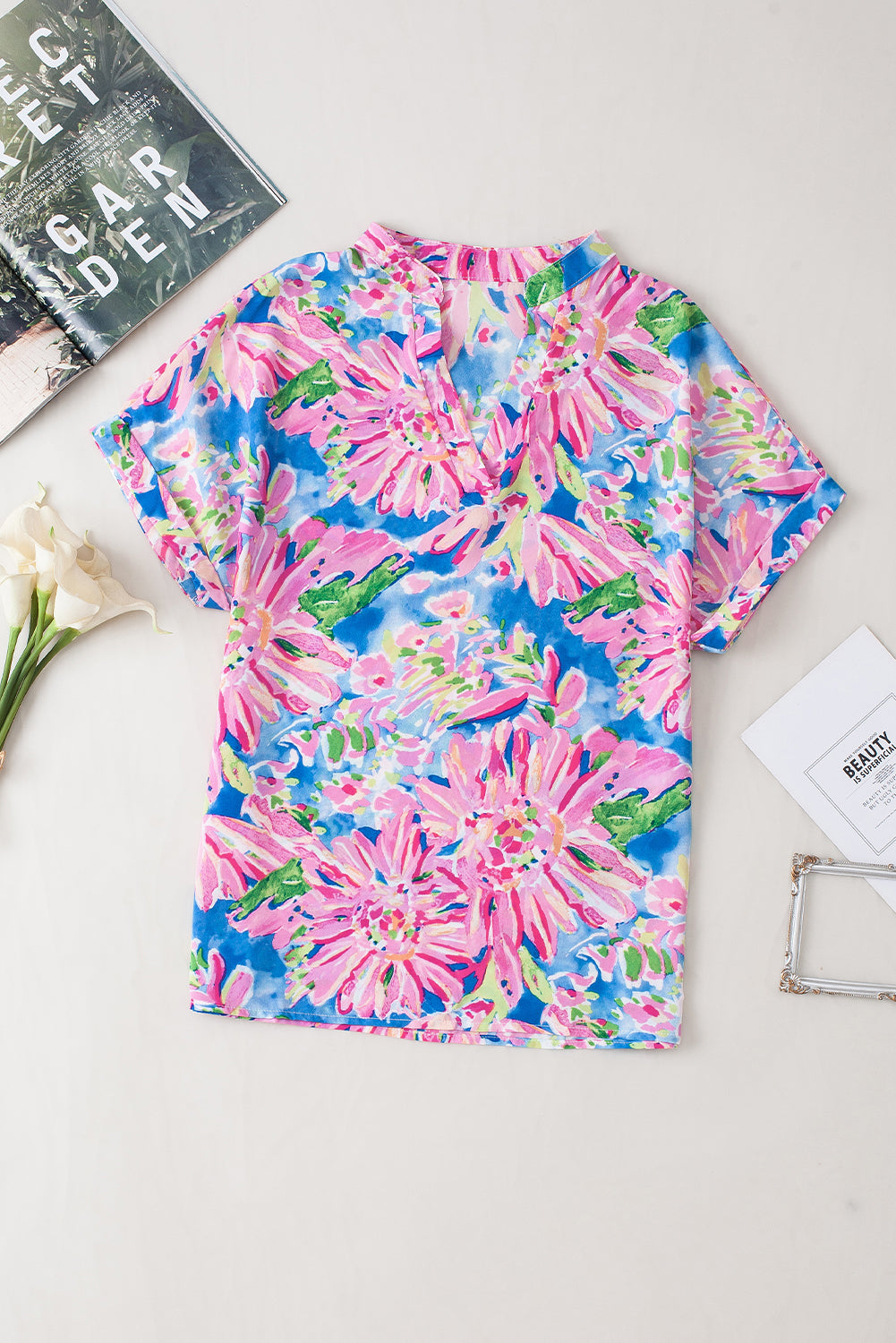 Rose Abstract Floral Print Notch V Neck Rolled Short Sleeve Blouse