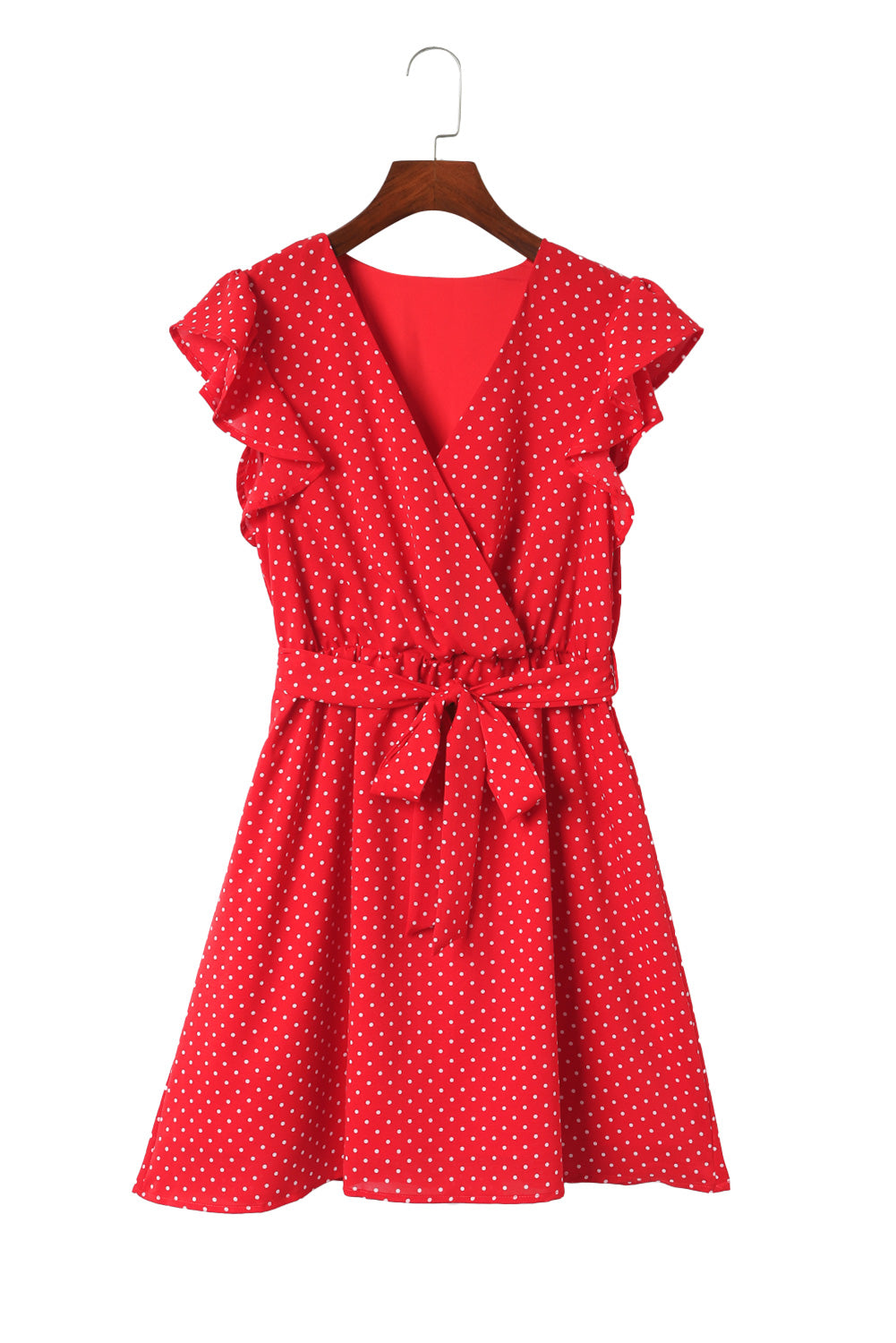 Feurig rotes, gepunktetes Kleid mit V-Ausschnitt und Rüschenärmeln