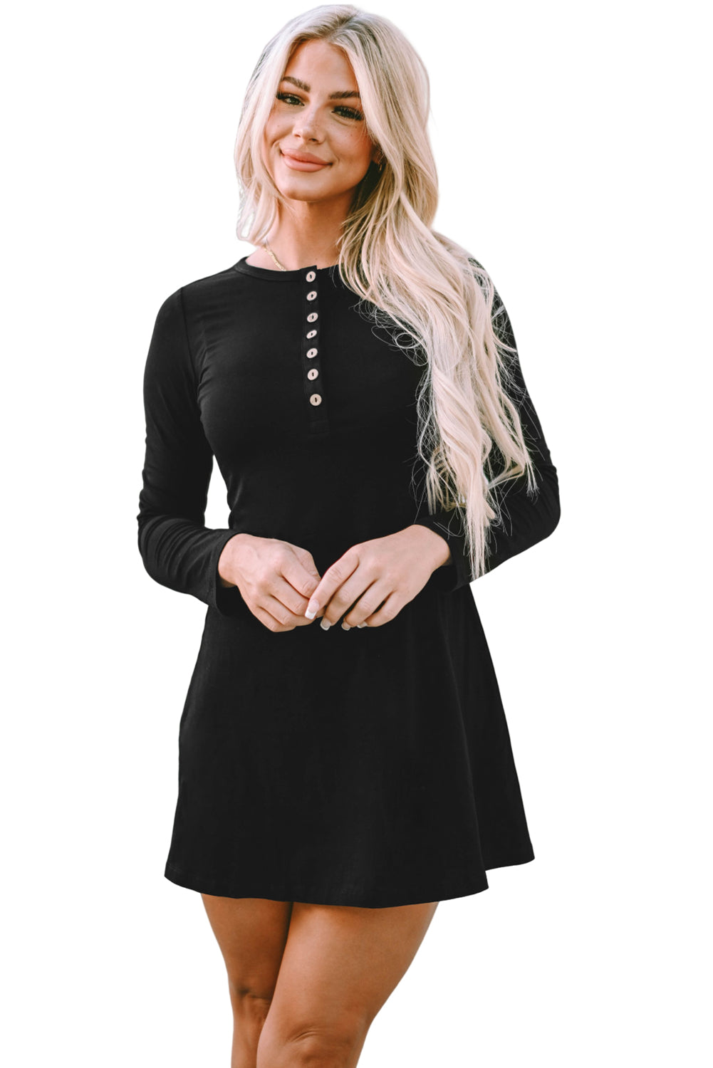 Schwarzes, einfarbiges Henley-Kleid mit langen Ärmeln