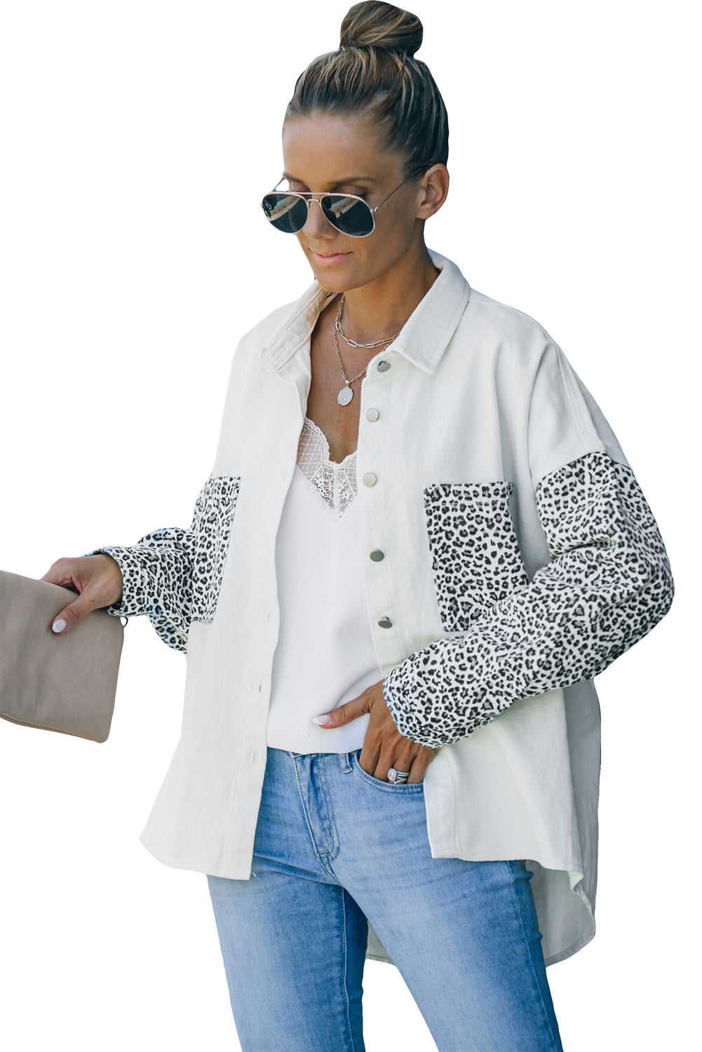 Giacca in denim leopardato bianco a contrasto